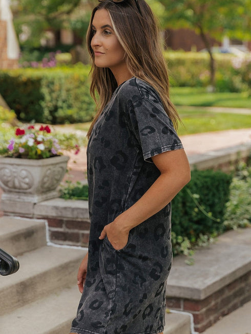 Gray Leopard Print T-Shirt Dress with Handy Pockets
