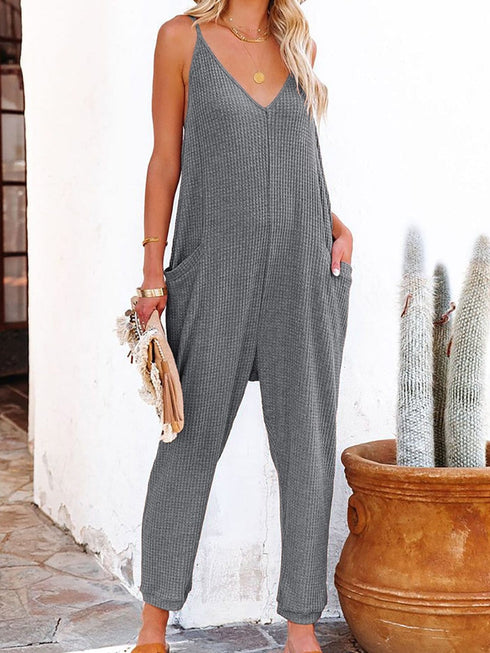 Gray Textured Sleeveless V-Neck Pocketed Casual Jumpsuit