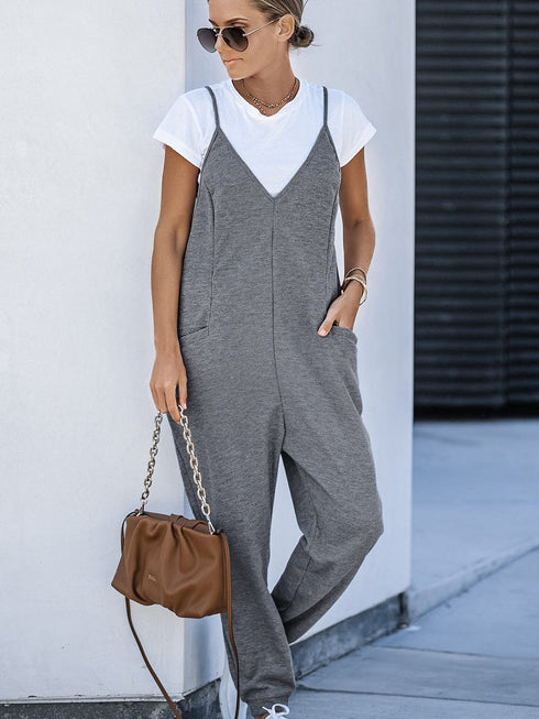 Gray Textured Sleeveless V-Neck Pocketed Casual Jumpsuit