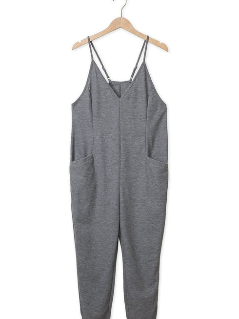 Gray Textured Sleeveless V-Neck Pocketed Casual Jumpsuit