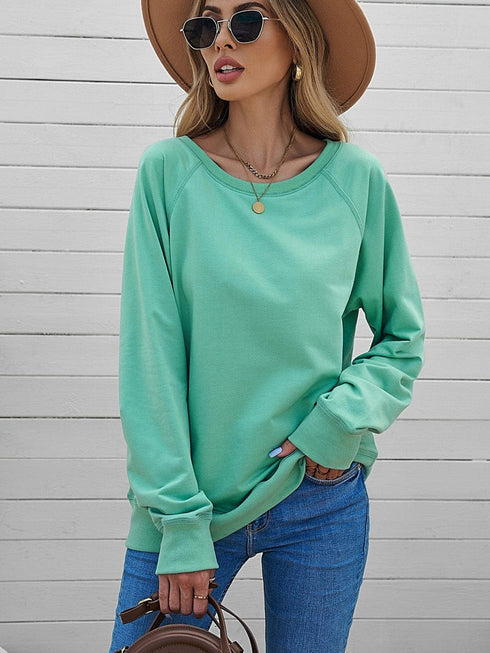 Green Crew Neck French Terry Pullover Sweatshirt for Women