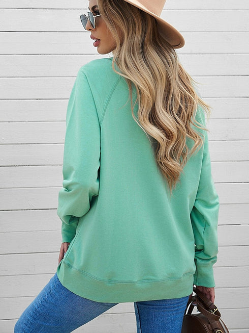 Green Crew Neck French Terry Pullover Sweatshirt for Women