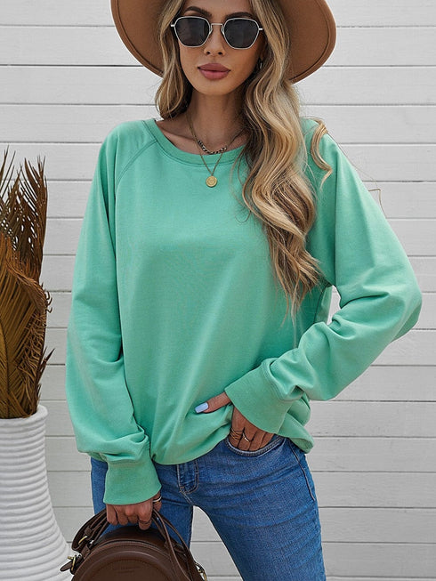 Green Crew Neck French Terry Pullover Sweatshirt for Women
