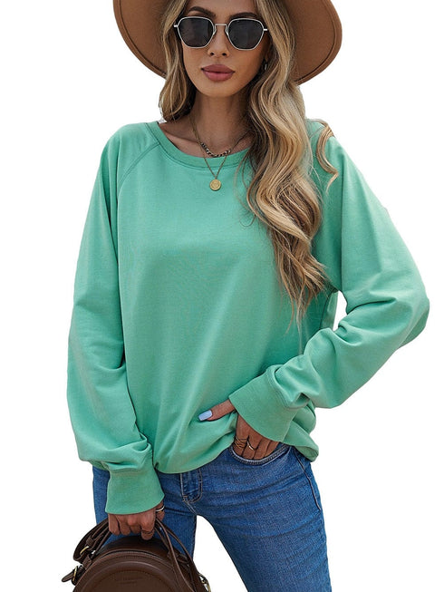 Green Crew Neck French Terry Pullover Sweatshirt for Women