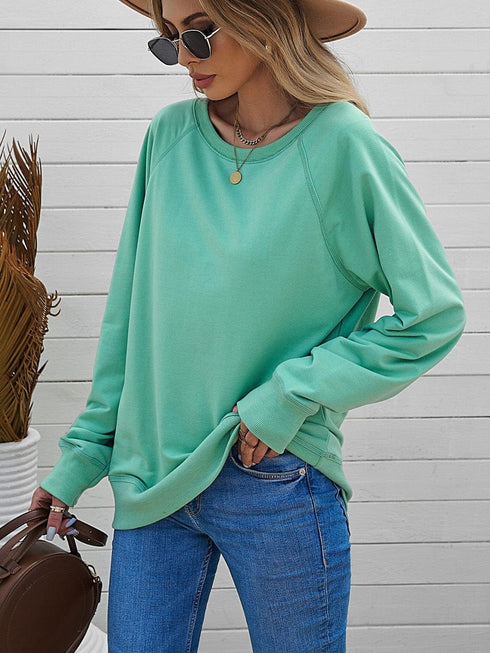 Green Crew Neck French Terry Pullover Sweatshirt for Women