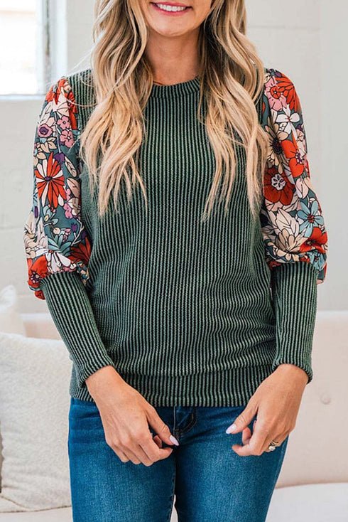 Green Floral Contrast Sleeve Striped Crew Neck Top