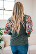 Green Floral Contrast Sleeve Striped Crew Neck Top