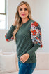 Green Floral Contrast Sleeve Striped Crew Neck Top