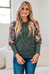 Green Floral Contrast Sleeve Striped Crew Neck Top