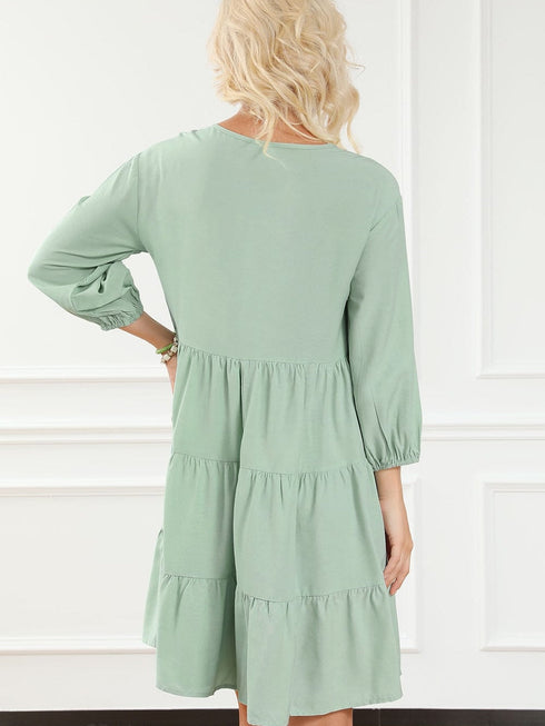 Green Floral Embroidered Tiered Ruffle Hem Dress