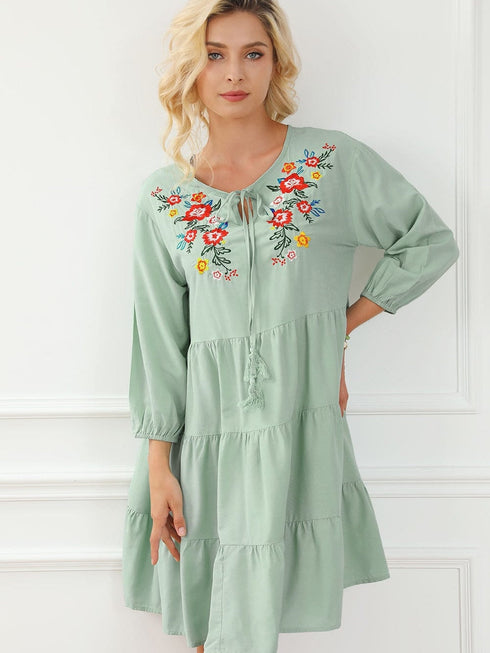 Green Floral Embroidered Tiered Ruffle Hem Dress