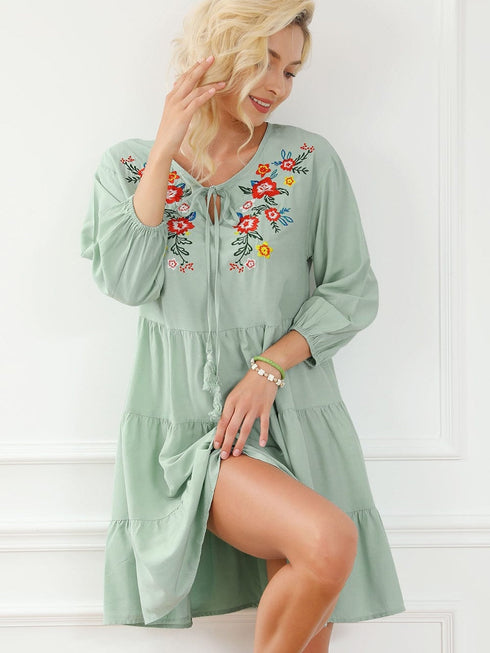 Green Floral Embroidered Tiered Ruffle Hem Dress