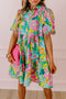 Green Floral Puff Sleeve Buttoned Babydoll Dress with Southern Belle Style