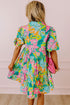 Green Floral Puff Sleeve Buttoned Babydoll Dress with Southern Belle Style