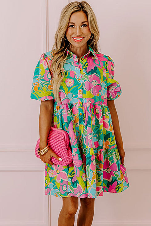 Green Floral Puff Sleeve Buttoned Babydoll Dress with Southern Belle Style