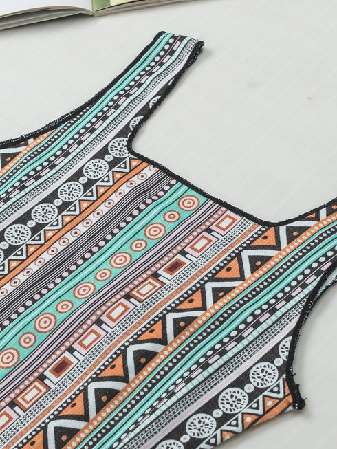 Green Geo Print Square Neck Tank Top for a Stylish Western Look