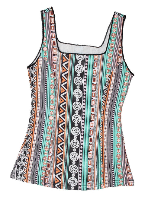 Green Geo Print Square Neck Tank Top for a Stylish Western Look