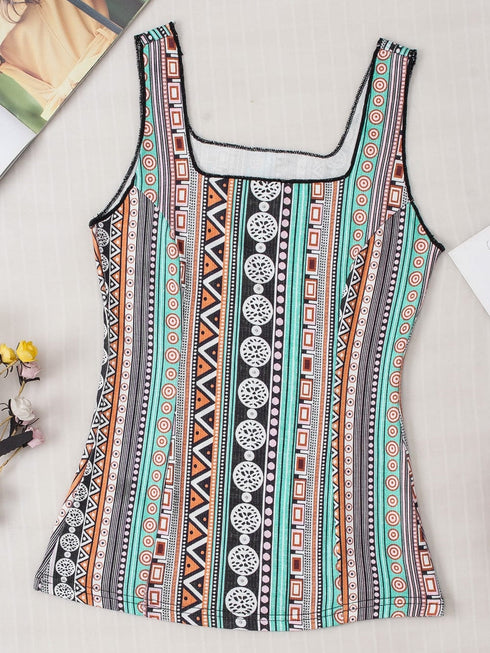 Green Geo Print Square Neck Tank Top for a Stylish Western Look