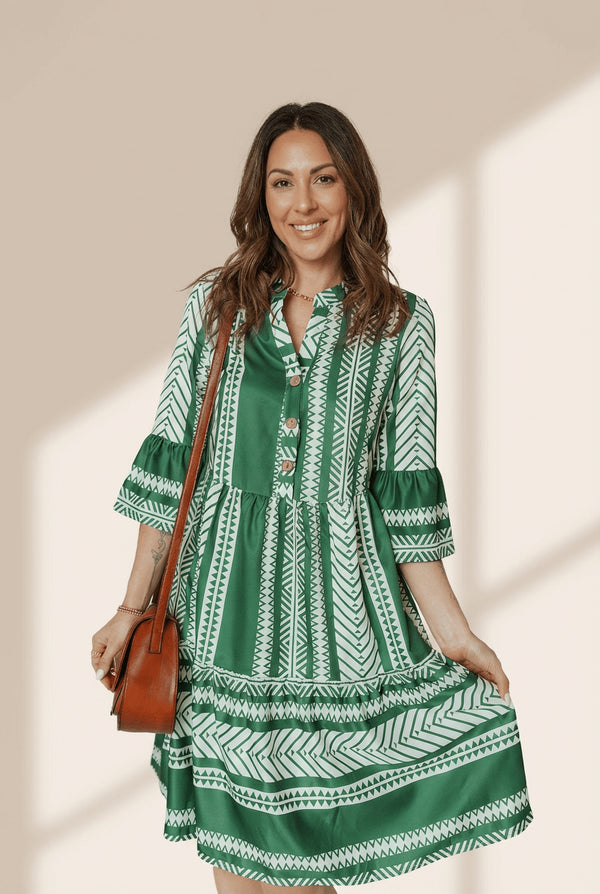 Women's Green Geometric Ethnic Print Midi Dress with 3/4 Flounce Sleeves