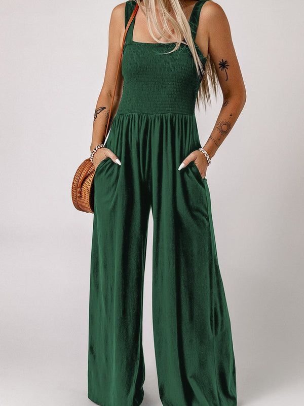 Green Smocked Sleeveless Jumpsuit with Wide Leg and Pockets