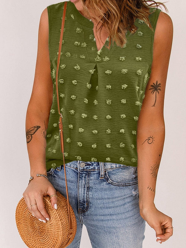Green Swiss Dot V Neck Tank Top with Elegant Notched Detail