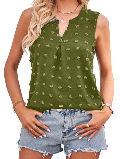 Green Swiss Dot V Neck Tank Top with Elegant Notched Detail