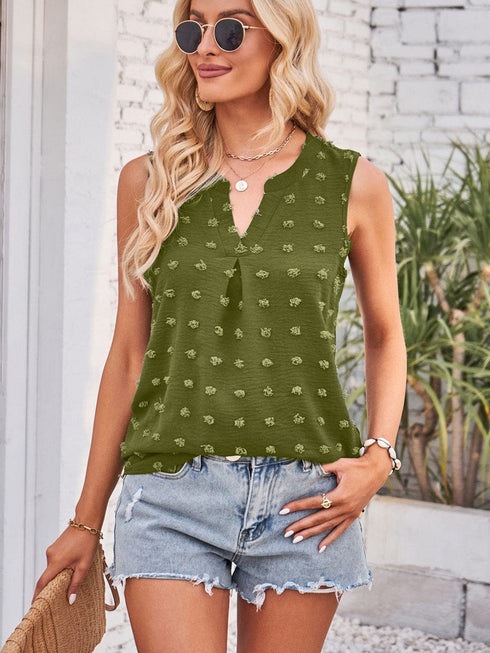 Green Swiss Dot V Neck Tank Top with Elegant Notched Detail