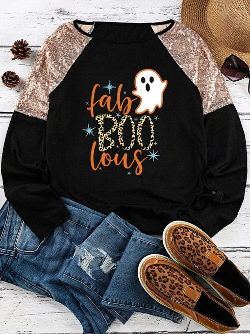 Halloween Leopard Boo Ghost Sequin Graphic Raglan Top