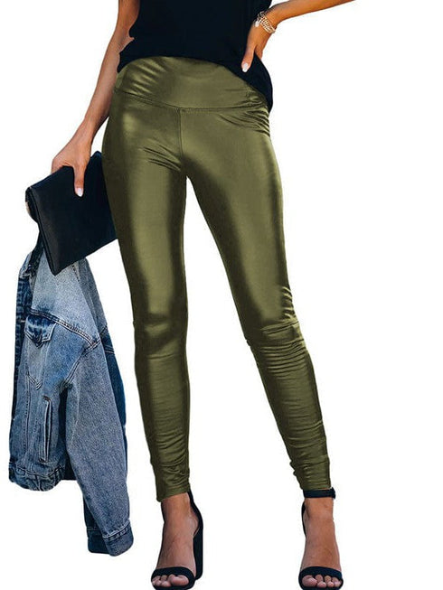 High Waist Elastic Leather Pencil Pants in Solid Colors for Stylish Women