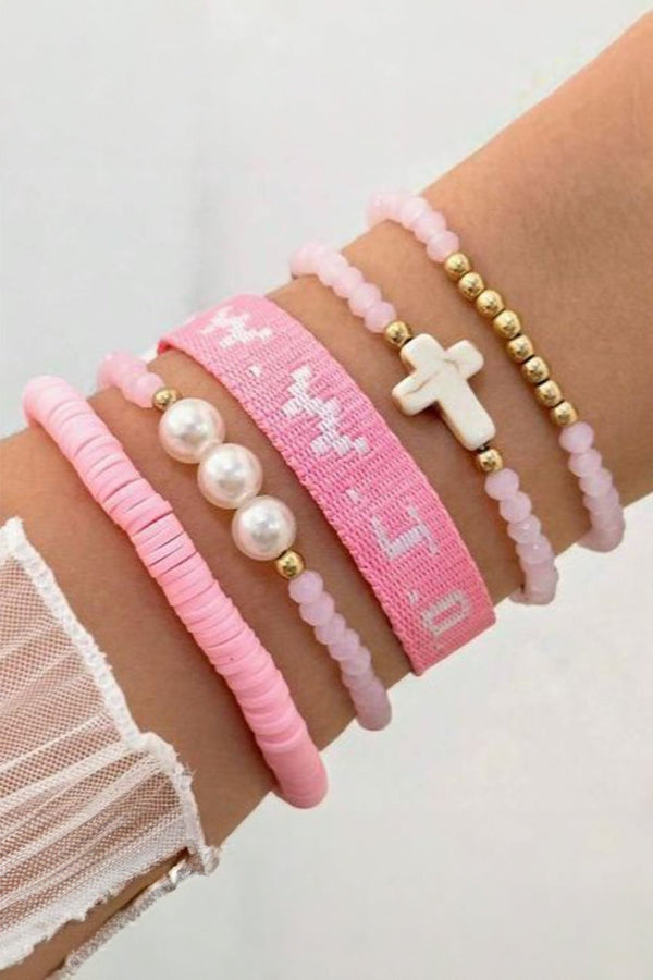 Women's Inspirational Pink Women's Beaded Bracelet Set - 5-Piece Casual Jewelry for Everyday Style and Positive Vibes