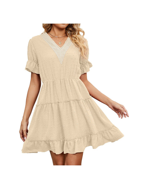 Jacquard fur ball V-neck loose solid color elastic waist dress