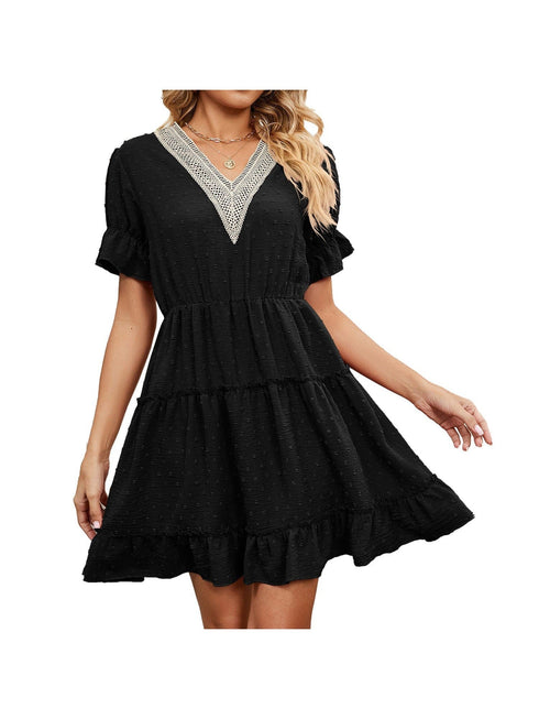 Jacquard fur ball V-neck loose solid color elastic waist dress