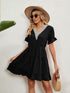 Jacquard fur ball V-neck loose solid color elastic waist dress