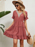 Jacquard fur ball V-neck loose solid color elastic waist dress