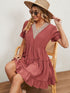 Jacquard fur ball V-neck loose solid color elastic waist dress