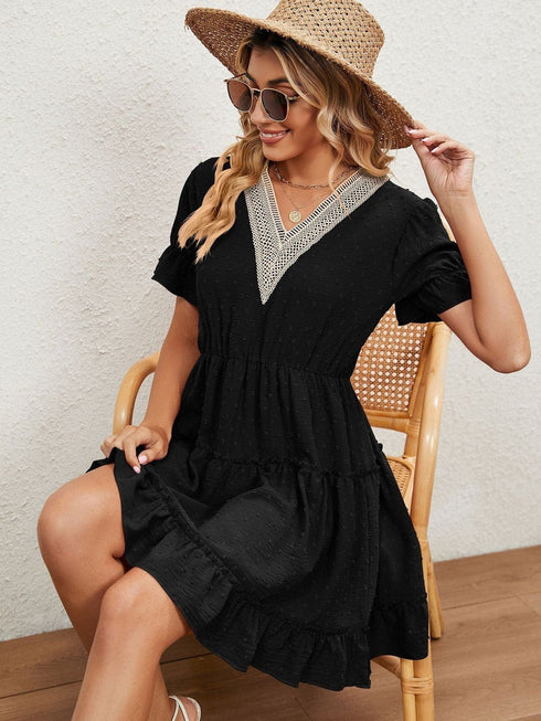 Jacquard fur ball V-neck loose solid color elastic waist dress