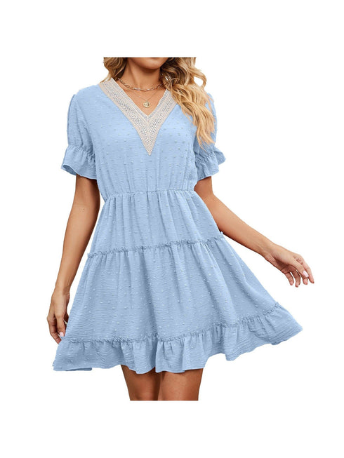 Jacquard fur ball V-neck loose solid color elastic waist dress