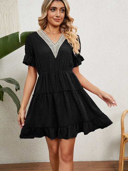 Jacquard fur ball V-neck loose solid color elastic waist dress