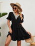 Jacquard fur ball V-neck loose solid color elastic waist dress
