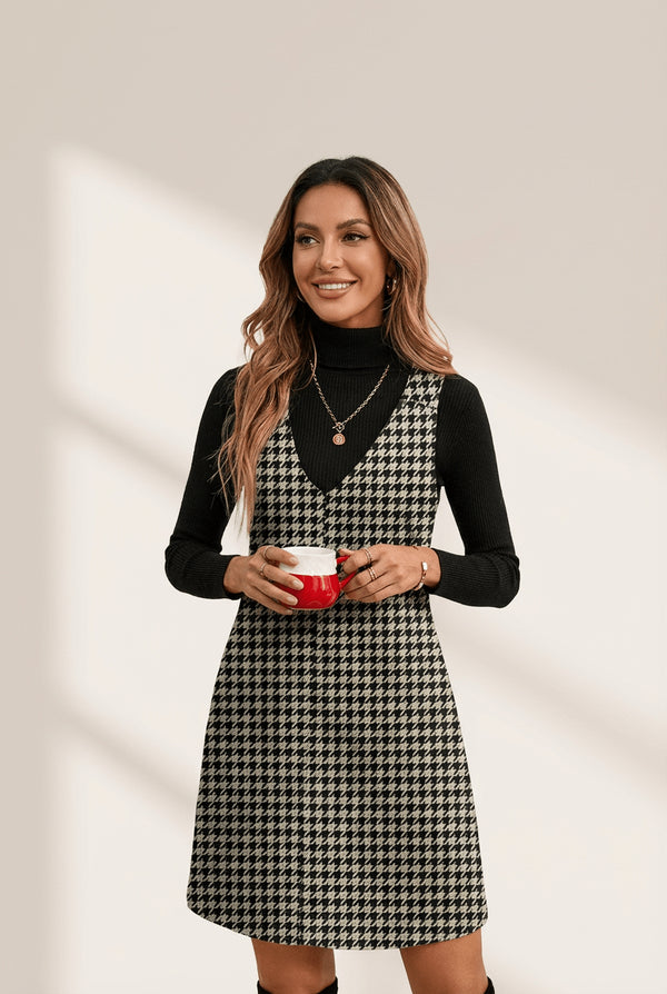 Khaki Houndstooth V-Neck Shift Dress for Women with practical styling and dependable silhouette control.