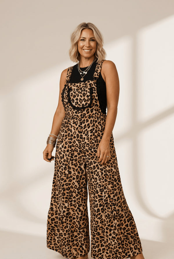 Women's Khaki Leopard Print Wide-Leg Overall Jumpsuit with Lace