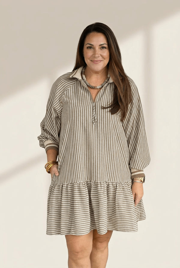 Women's Khaki Stripe Half-Zip Plus Size Mini Dress with Puff Sleeves