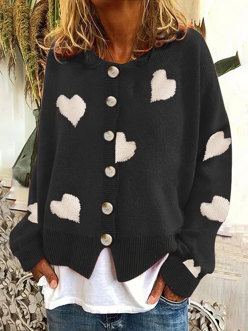Knit Single-Breasted Heart Cardigan Sweater -Bishop - Barcelet - Closed - Scoop - Jewel