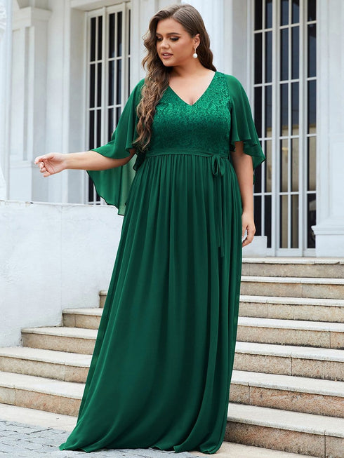 Lace Accent Plus Size V-Neck Evening Dress with Belt