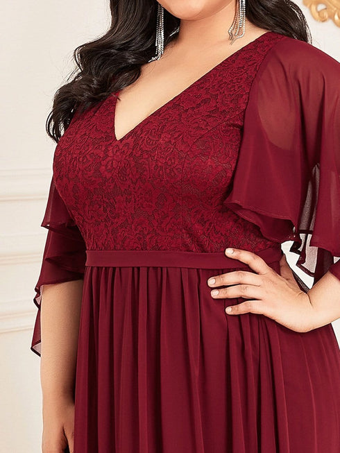 Lace Accent Plus Size V-Neck Evening Dress with Belt