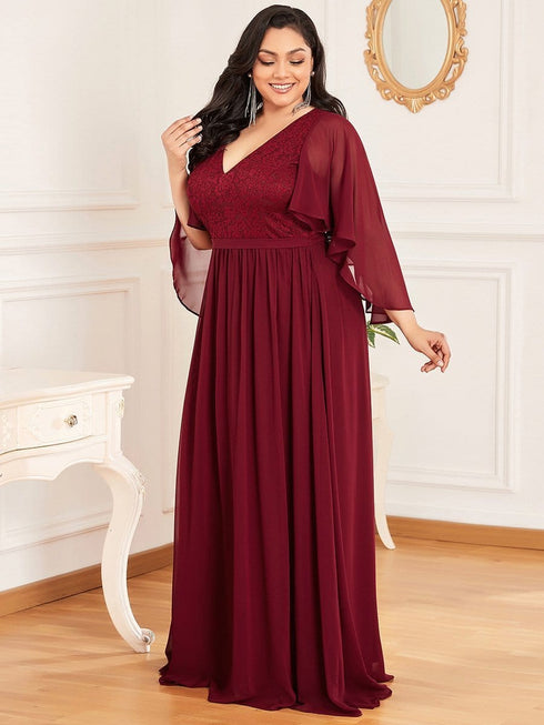 Lace Accent Plus Size V-Neck Evening Dress with Belt