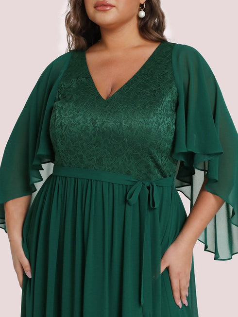 Lace Accent Plus Size V-Neck Evening Dress with Belt