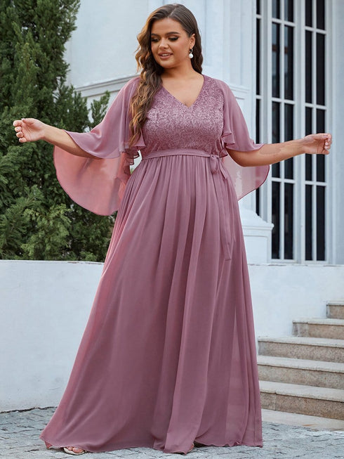 Lace Accent Plus Size V-Neck Evening Dress with Belt