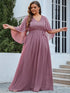 Lace Accent Plus Size V-Neck Evening Dress with Belt