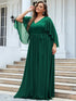 Lace Accent Plus Size V-Neck Evening Dress with Belt